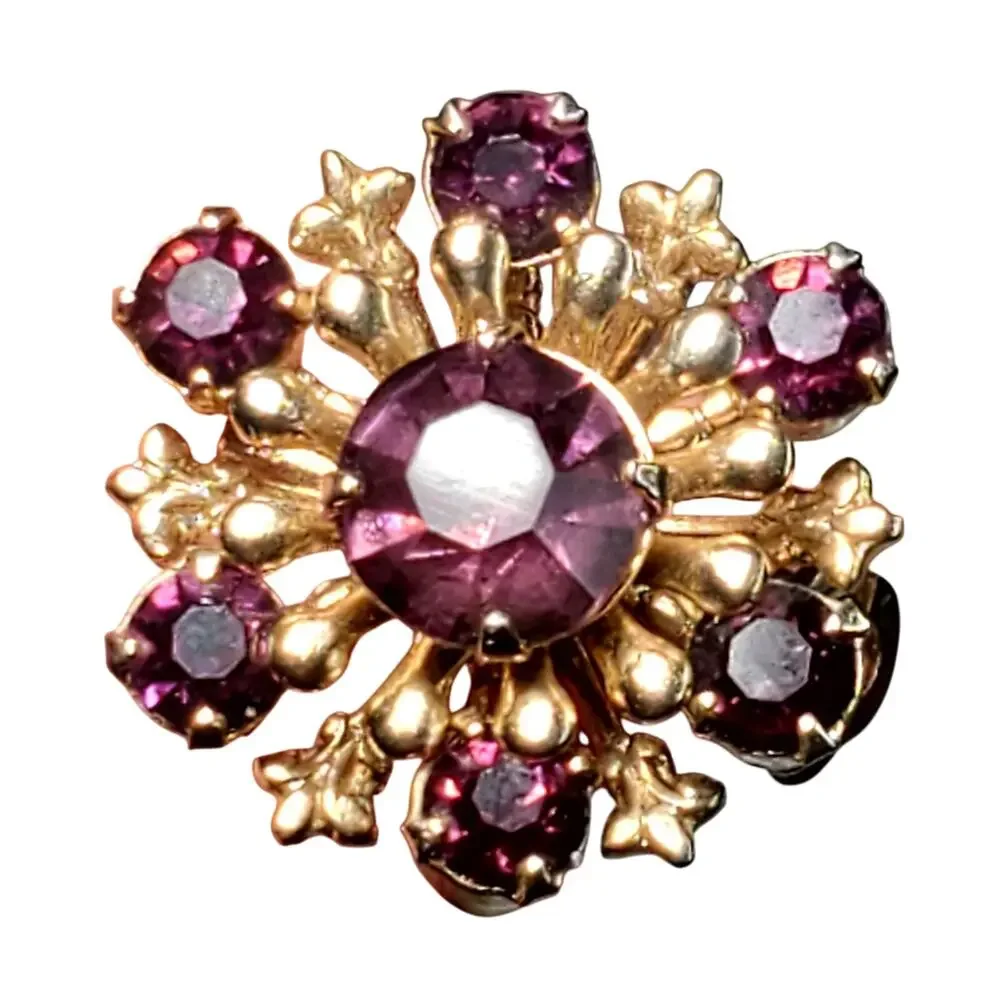 Starburst Scatter Brooch Purple Rhinestones Gold Tone Riveted Back 1/2